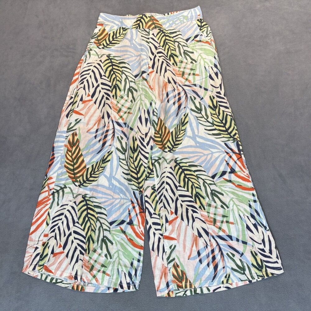 Tahari Size Medium‎ Linen Wide Leg Pants Tropical Leaf Print Pockets Lagenlook